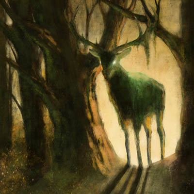 Painting of a majestic, moss-covered deer.