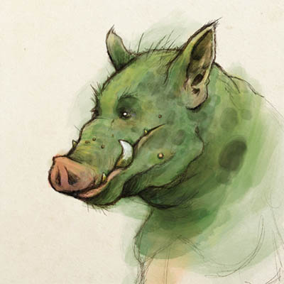 Pencil and watercolor sketch of a green pig man.