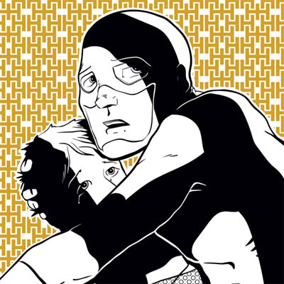 Comic-book style art of a nervous superhero protecting a scared child.