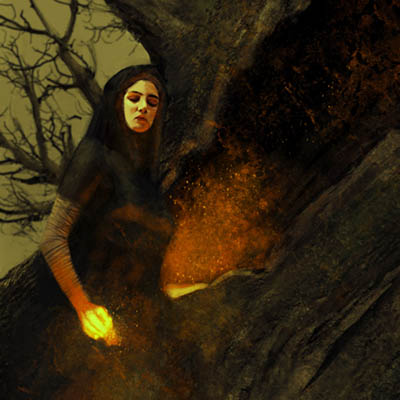 Painting of a witch with a glowing hand near a burning tree.